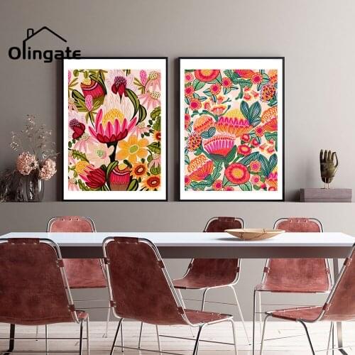 Modern Pink Cartoon Flowers Wall Art Nordic Plants Canvas Painting One Piece Wall Poster Home Decor for Living Drawing Room