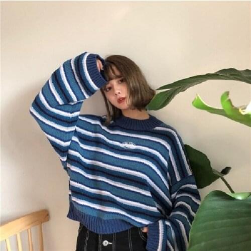 JESSIC Sweater Blue & White Striped Oversized Jumper Embroidered Mock Neck Cropped Pullovers Harajuku Womens Sweaters