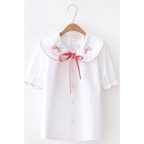 Sweet lolita top peter pan collar bowknot embroidery victorian shirt fresh gothic lolita shirt kawaii girl loli cos