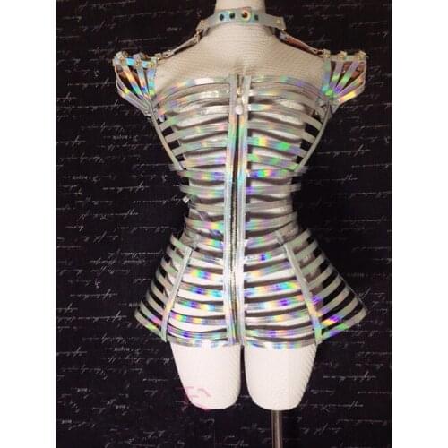 Mirror silver Laser bodysuit sexy women Nightclub bar jumpsuit model catwalk stage wear team dance show DJ costume