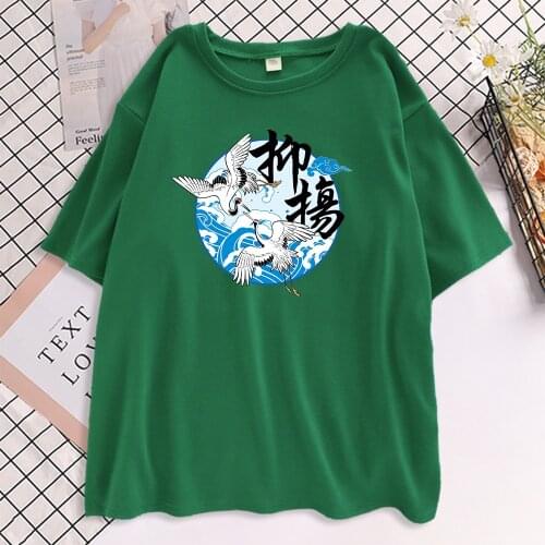 Circumflex Chinese Style Crane Print Womens T-Shirts Cartoon Casual Tshirt Fashion S-Xxxl Tops Soft Loose Street Women T Shirt