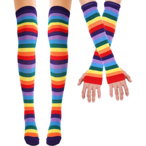 Women Colorful Rainbow Striped Stockings Knee Thigh High Stocking Arm Warmer Gloves Halloween Costume Cosplay Party Performance