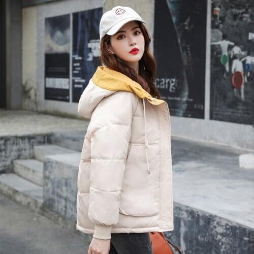 Plus Size Women Coat Solid Korean Style Winter Jackets Womens Loose Thick Cotton Padded Hooded Patchwork Warm Female Parkas