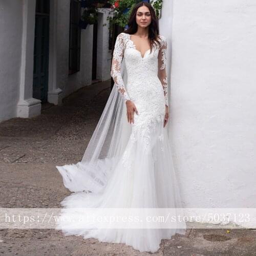 Elegant Mermaid Wedding Dresses 2021 V Neck Lace Appliques Long Sleeves Sweep Train Vestido De Noiva Bridal Gowns for Brides