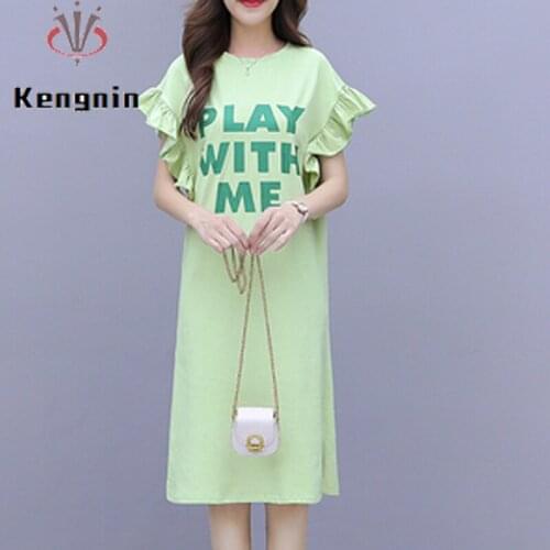 T-Shirts Womens Dresses 2021 Summer Dress Loose Petal Sleeve Print Letter Ladies Vestidos 94.2% Cotton Oversized Robe KE1520