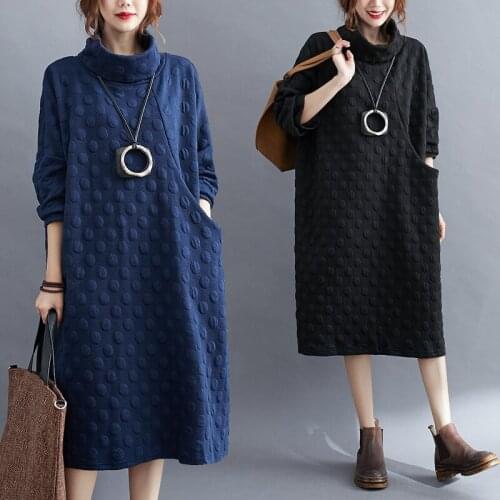 Winter New Style Plus Size Women Dress High Neck Literary Long-Sleeve Sweater Dress Thick Femme Warm Irregular Vestido De Mujer