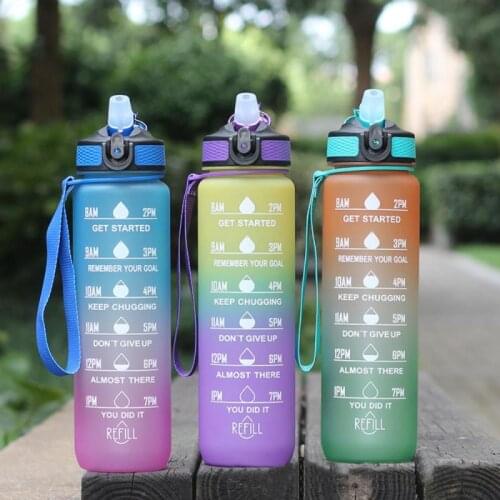 1L Sports Straw Water Bottle With Bounce Cover Portable Leakproof Fitness Hiking Water Cup Gradient Color Jug With Time Marker