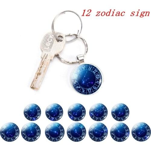 12 Zodiac Sign Pendant Nebula Planet Key Silver Color Key Chain Rings Glass Dome Cabochon Constellations Jewelry Birthday Gift
