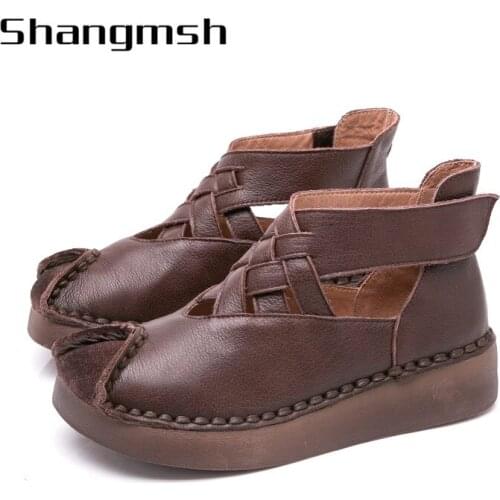 Women Genuine Leather Sandals Women Hollow Out Cross Bandage Sandal Cool Boots Romes Flats boots sandals for women 2902