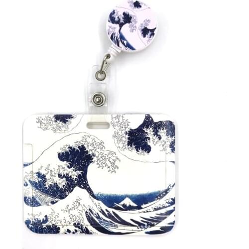 Art Painting Kanagawa Hokusai Waves Card Holder Women Men Business Lanyard Badge Card Case Women Lanyard ID Name Card Holder Bag