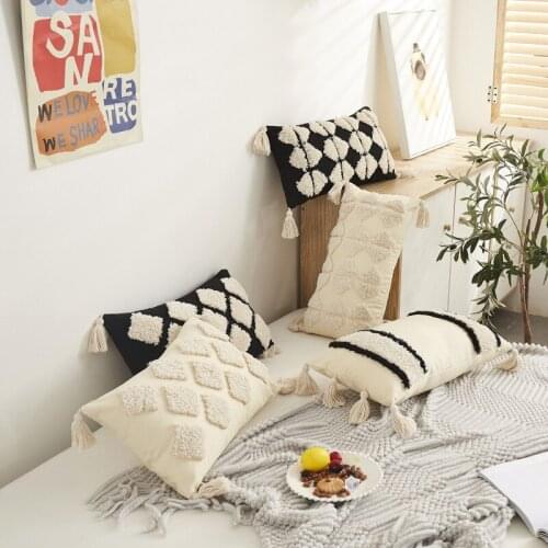 Black Beige Tassels Embroidery Cushion Cover Home Decoration Cotton Morocco Pillow Cover 30x50cm Pillowcase For Sofa Livingroom