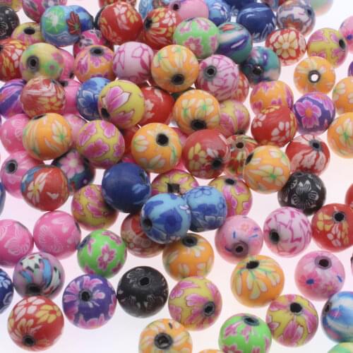 CHONGAI 50Pcs Round flower pattern Polymer Clay Spacer Loose Beads For DIY Bracelet Necklace Accessories 10mm
