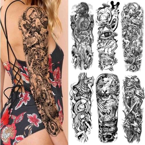 Full Sleeve War Warrior Temporary Tattoo For Women Men Black Geometry Eye Skull Tattoos Sticker Fake Waterproof Tatoos Paper