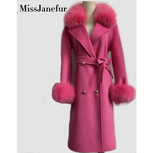 Women Cashmere Coat with Real Fox Fur Collar Woolen Jacket with Belt Winter Autumn Slim Lady 2018 Long Overcoat Women Wool Coat