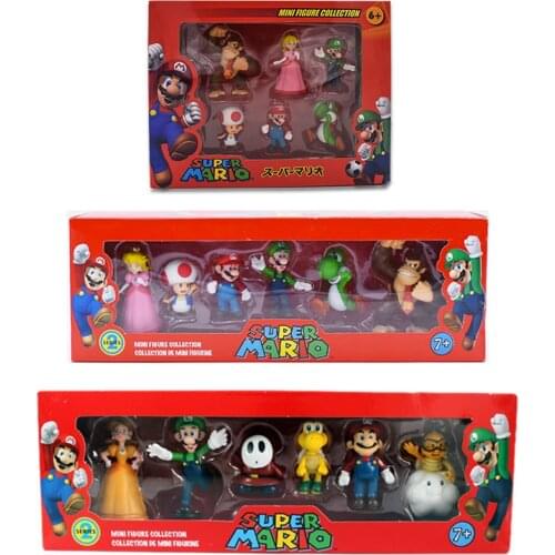6Pcs/Set 3-7cm Super Mario Bros PVC Action Figure Toys Dolls Mario Luigi Yoshi Mushroom Donkey Kong In Gift Box Lovely Kids Gift