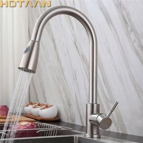 Hotaan Brushed Nickel Stainless Steel Kitchen Faucet Single Hole Pull Out Spout Kitchen Sink Mixer Tap with Stream Sprayer Head
