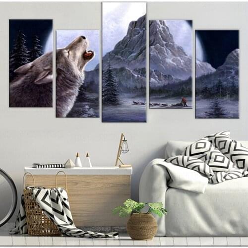 HD Printed The Wolf howl moon mountain Painting 5 piece Canvas art Print room decor print poster picture with frame