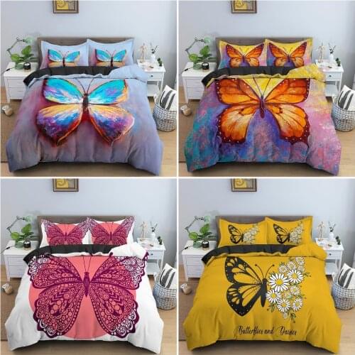 2/3Pcs Beautiful Butterfly Bedding Set 3D Watercolor Print Duvet Cover With Pillowcase Quilt Covers King Queen Size Bedclothes