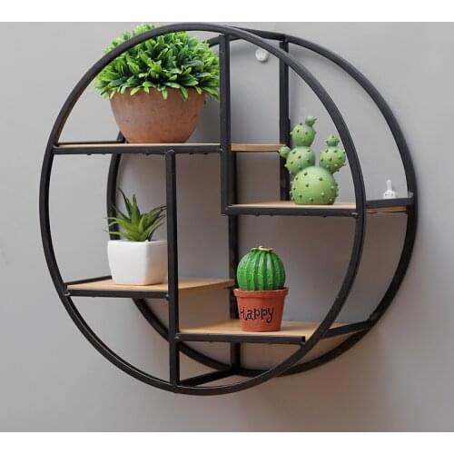 Retro Round Wooden Shelf Metal Wall Hanging Shelf Office Sundries Art Storage Rack Home Wooden Decorative Craft Holder Racks