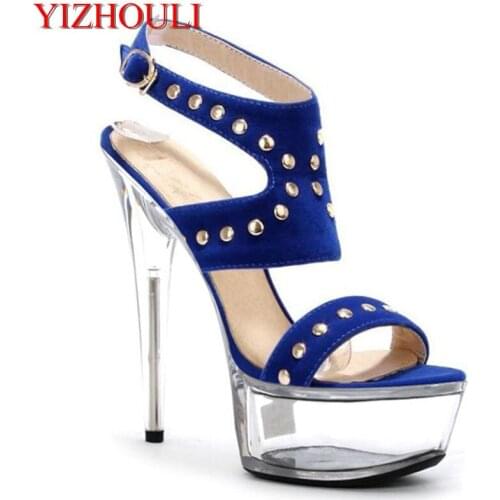 Fashion rivet embellished stilettos, 15 cm transparent platform for womens sandals party walk sandals