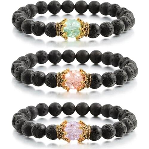 Trendy Men Women Bracelet 7 Colors Natural Stone Lava Beads Crown Elastic Buddha Bracelets Bangles Couple Jewelry Gifts Pulseira