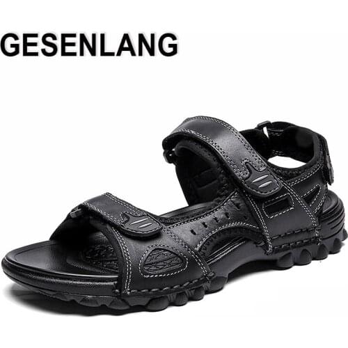 2019 Mens Genuine Leather Sandals Open-Toe Big Size Breathable Male Sneakers Outdoor Hiking Beach Fishing Walking Casual Shoes
