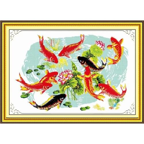 Night fishes play with lotus cross stitch kit Chinese print 11ct cotton hand embroidery DIY handmade needlework supplies bag