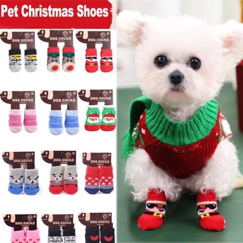 4Pcs/set Autumn Winter Pet Dog Socks Anti-Slip Knitted Small Dogs Shoes Thick Warm Paw Protector Cute Puppy Cat Indoor Wear Boot