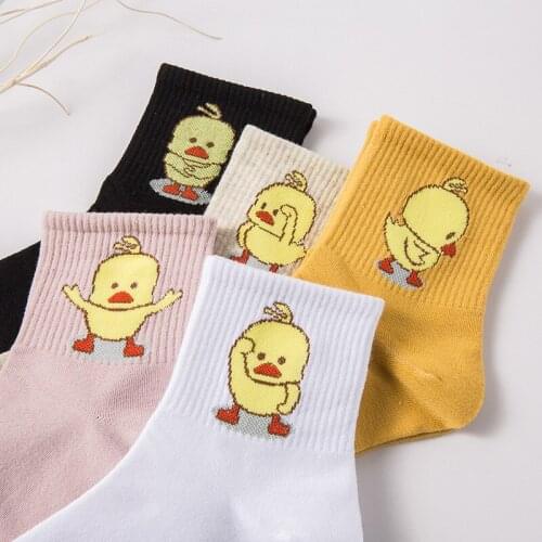 Women Socks Cotton Embroidery Pattern Sock White Black Ladies Harajuku Cartoon Yellow Buck Short Soks Streetwear Cute Funny Sox