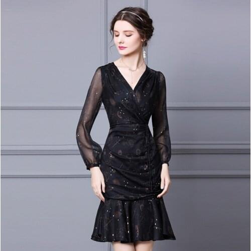Black Autumn Long Sleeve Sexy Woman Fishtail Dress Gauze Pleated Short Trumpet Mysterious Lady Printing V-Neck New Spring Skirt