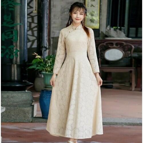 Chinese style Cheongsam Tradition Chinese dress Spring Ao dai Lace dres Women