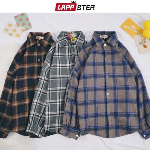 LAPPSTER Men Harajuku Japanese Streetwear Plaid Shirt 2021 Mens Long Sleeve Vintage Kpop Fashion Shirts Male Causal Kawaii Shirt