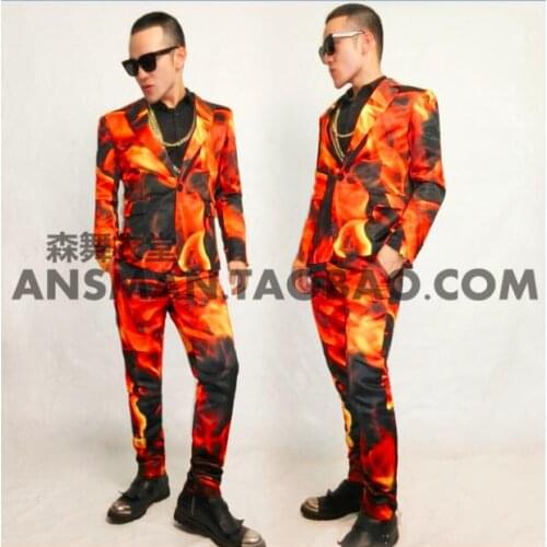 S-5XL!! 2018 Nightclub male singer with the European and American hellfire satin suit stage costume