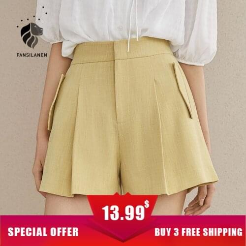 FANSILANEN Loose pleated wide leg casual shorts Women sexy high waist black shorts Female yellow elegant linen summer shorts