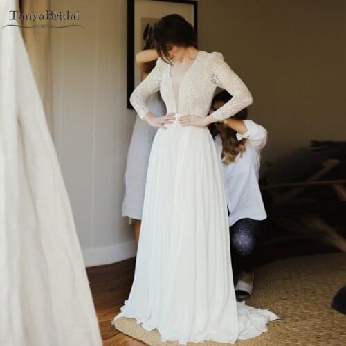 Long Sleeve Deep V-Neck Wedding Dresses Zipper Backless Elegant Classical Bridal Gowns A Line Vestido De Noivas DW498