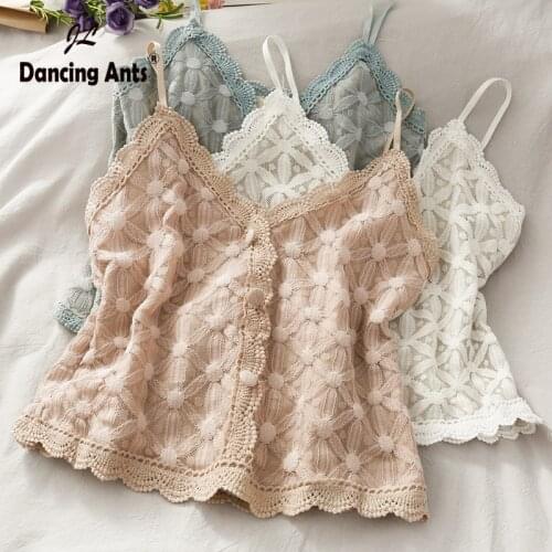 Camis For Women Sexy Strap Tank Tops V-neck Sleeveless Lace Crop Top Loose Female Short Print Sweet Fake Buttons Dropshipping