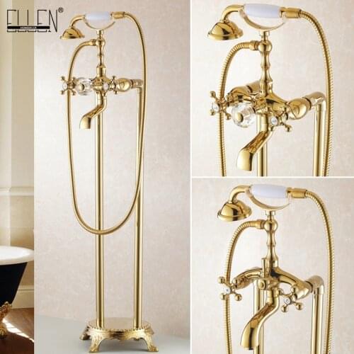 Bathroom Golden Floor Stand Faucet Telephone Type Bath Shower Mixer Brass Shower set Luxury Bathtub Tap 901
