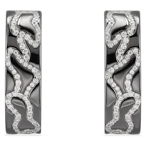 SLJELY Fashion Black 925 Sterling Silver Dark Grey Camouflage Curved Earrings Micro Cubic Zirconia for Women Fine Brand Jewelry