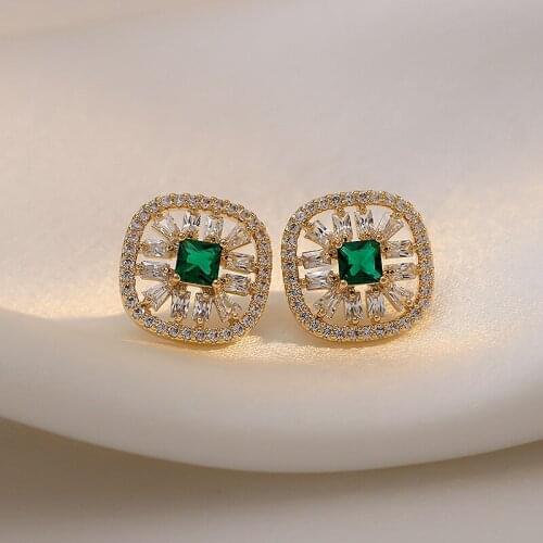 Green Rhinestone Square Earrings for Women Korean 2021 New Fashion Elegant Stud Earrings Female Trendy Delicate Ear Studs Gift