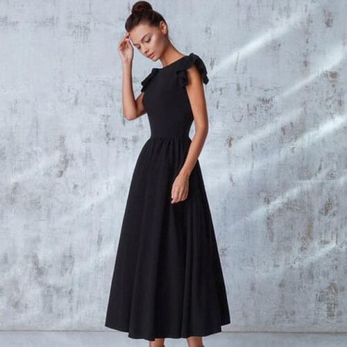 2021 New Womens Elegant Stitching Design Bandage Dress Black Maroon Round Neck Ruffled Waist Long Skirt Celebrity Party Dresses