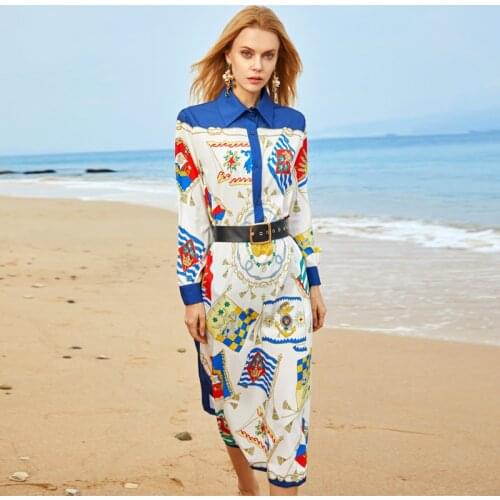 Fashion High Quality Designer Spring New WomenS Print Retro Elegant Party Belt Fashion Single Breasted Shirt Long Dress