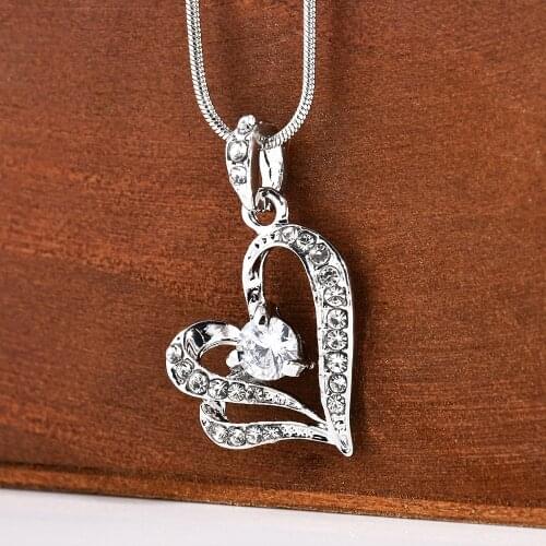 Fashion Charm Women Girl Metal Double Heart Shape Rhinstone Crystal Pendant Chain Necklace Wedding Necklace Gift