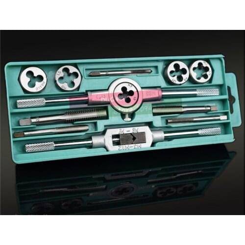 12pcs/set tap and die set M6~M12 Screw Thread Metric Plugs Taps & Tap wrench & Die wrench, hand screw taps Hand Threading