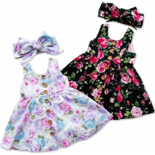 2019 Princess Kids Baby Girl Floral Dress Bow Headband Sets Sleeveless Buttons Sundress A-Line Baby Girl Floral Clothes Set 0-4Y