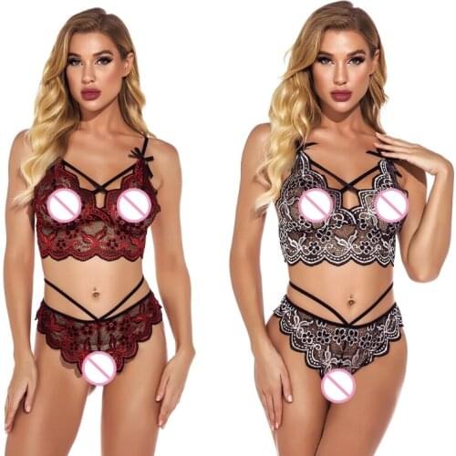 2021 Women Sexy 2 Piece See-Through Lingerie Set Floral Lace Bra and Strappy Panty Underwear Bowknot Babydoll Nightwear