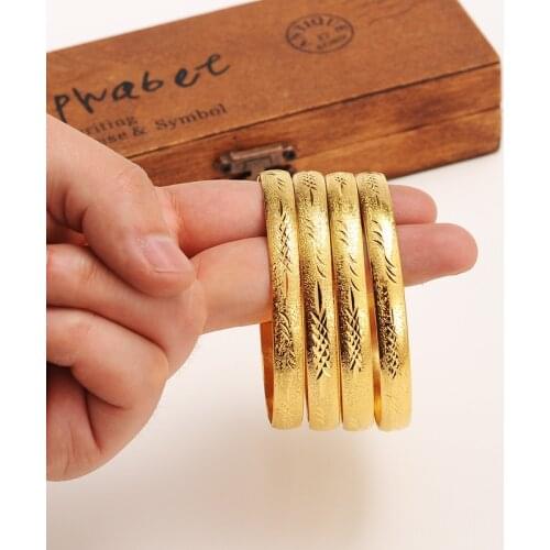 4 Pieces) a set box Wholesale Fashion Wedding Bangle Jewelry 14 k Yellow Solid Gold FINISH Dubai Bracelet Women Africa Arab