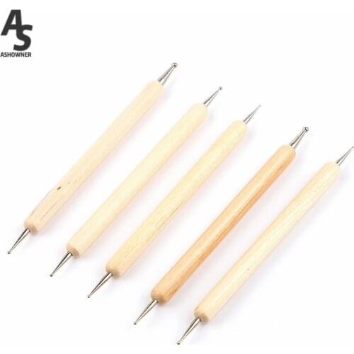 5pcs/Set UV Gel Painting Nail Art Dotting Pen Wooden Handle Double-ended Brush Salon Decoration Manicure Rhinestone Tools Kit
