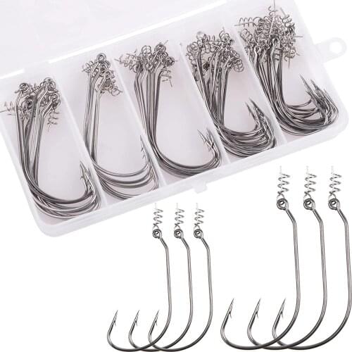 50pcs/box Twist Lock Fishing Hooks Worm Hooks Kit With Centering Pin For Soft Lure Baits Fishing Tackles