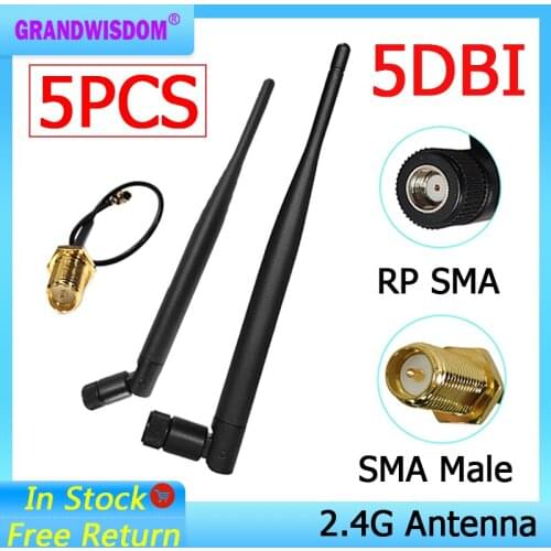 5pcs 2.4 GHz Antenna wifi 5dBi WiFi Aerial RP-SMA Male 2.4ghz antena wi fi Router+21cm PCI U.FL IPX to RP SMA Male Pigtail Cable