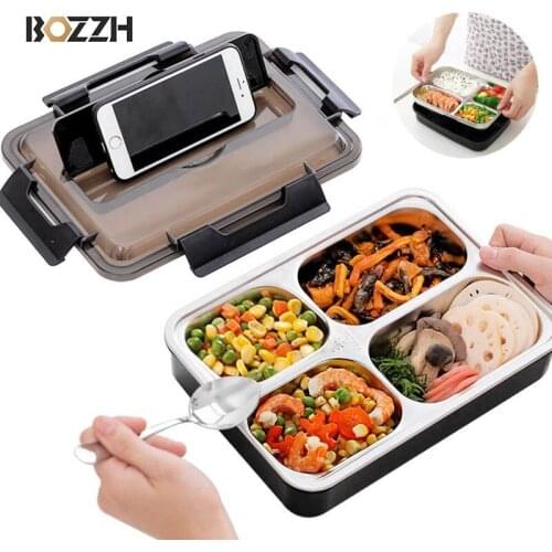 BOZZH 304 Stainless Steel Lunch Box Leak-proof Bento Box Microwave Children Food Container With Fork Dinnerware